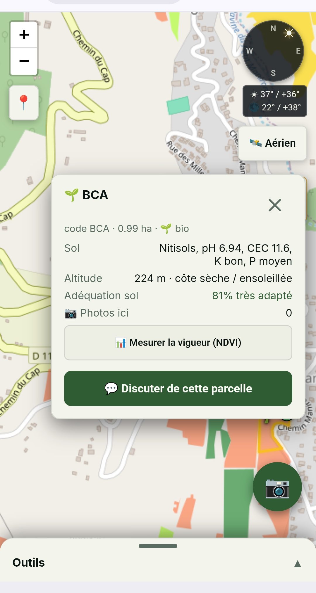 Fiche parcelle — sol Nitisols, altitude, 81% d'adéquation, mesure de vigueur NDVI