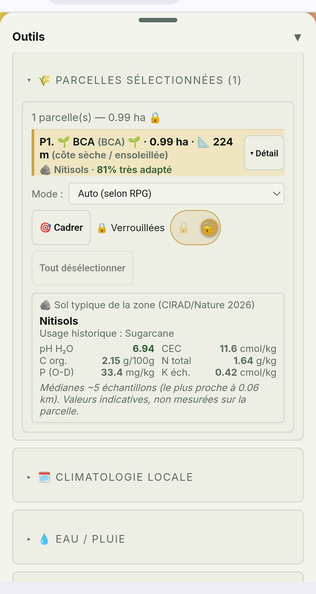 Données agronomiques locales — analyse de sol CIRAD : pH, CEC, azote, phosphore, potassium