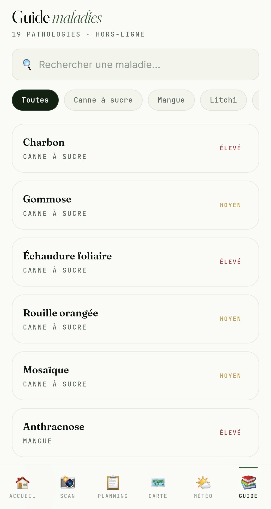 Guide maladies hors-ligne — 19 pathologies des cultures tropicales (canne, mangue, litchi…)