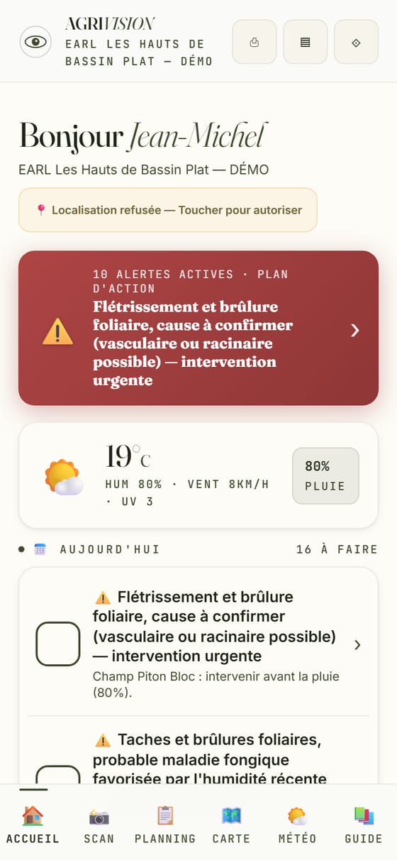 Écran d'accueil de l'application : alertes en cours, météo de la parcelle et tâches du jour
